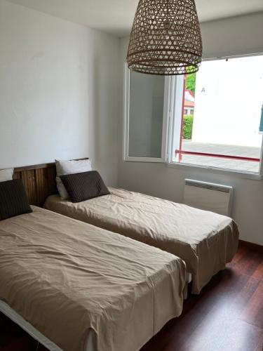 two beds in a bedroom with a window and a chandelier at Chambres chez l'habitant - Les jardins du Bil Toki in Arbonne