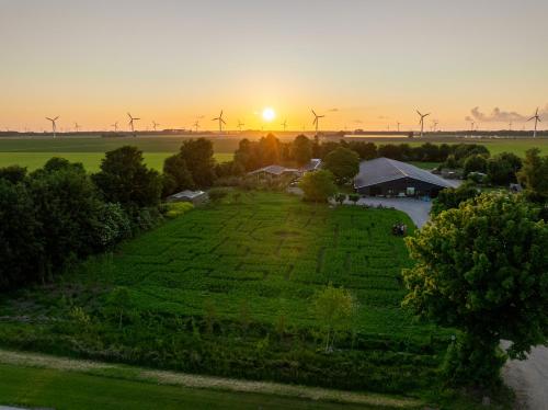 an aerial view of a farm with windmills at sunset at Camping de Betovering in Zeewolde