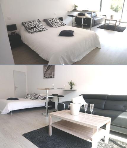 - un salon et une chambre avec un lit et un canapé dans l'établissement Appartement 3 pièces 4-6 personnes, clim, terrasse et piscine, au Cap d'Agde
