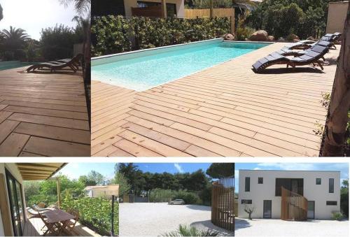 un collage de trois photos d'une piscine dans l'établissement Appartement 3 pièces 4-6 personnes, clim, terrasse et piscine, au Cap d'Agde