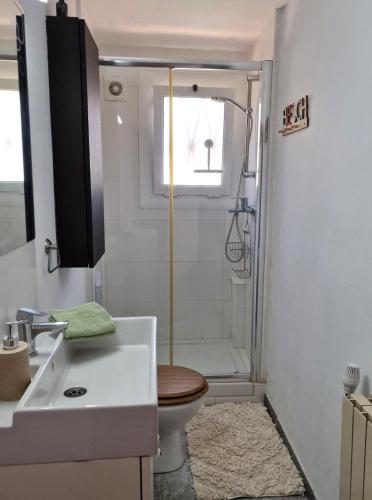 a bathroom with a shower with a toilet and a sink at Villa de Gracia Casa 2 in Tordera