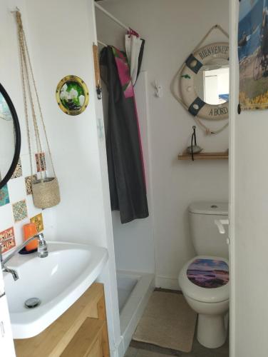 une salle de bain avec un lavabo et des toilettes dans l'établissement Ty Sterenn e Giulia 700m de la plage de Lodonnec, à Loctudy