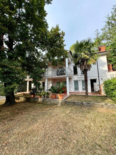 a white house with a palm tree in front of it at Božič Residence in Vipava