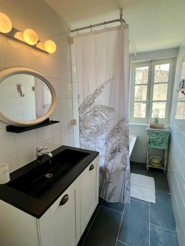 a bathroom with a sink and a shower with a mirror at The Artist's House Limoux in Limoux