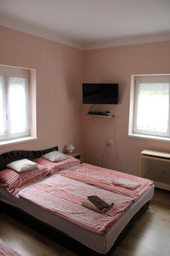 a bedroom with a bed and a flat screen tv at Hattyú vendégház Poroszló in Poroszló