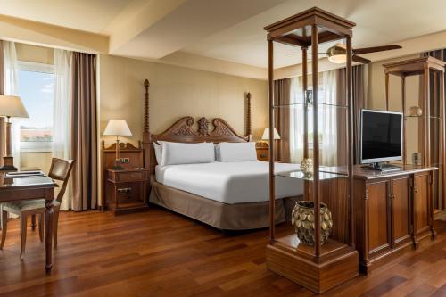 a hotel room with a bed and a television at Elba Estepona Gran Hotel & Thalasso Spa in Estepona