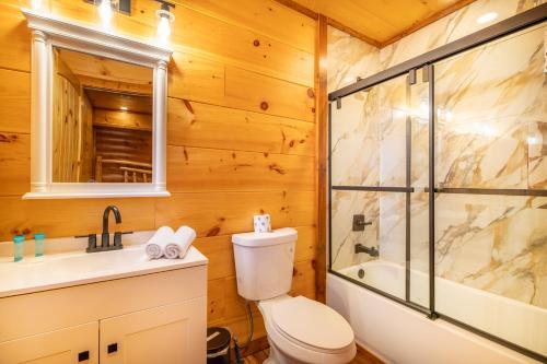 a bathroom with a toilet and a shower and a sink at Three Little Bears 2 By Avada Properties in Gatlinburg