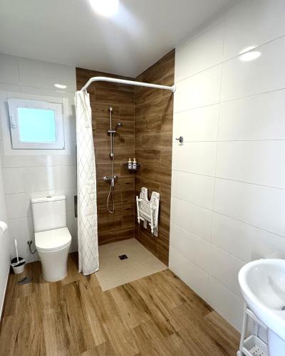 a bathroom with a shower and a toilet and a sink at A de Silva, apartamento accesible en As Cortiñas in Coens