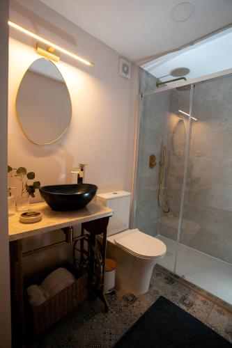 a bathroom with a sink and a toilet and a shower at Refúgio das Tílias in Santiago de Litém