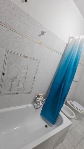a bathroom with a blue shower curtain next to a toilet at L' oasi del riposo in Baschi
