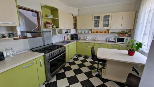 a kitchen with green cabinets and a checkered floor at Pensiunea Olimp in Arad
