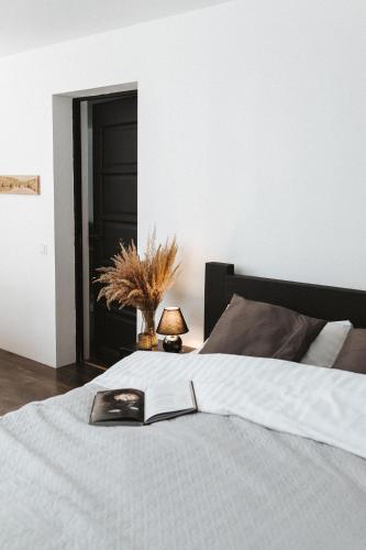 a bedroom with a bed with a book on it at Brīvdienu māja Sniegi in Madona