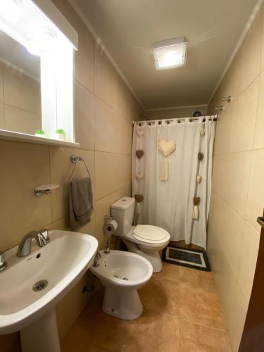 a bathroom with a sink and a toilet and a shower at Buen Descanso I in San Pedro