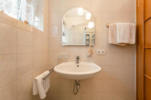 a bathroom with a sink and a mirror at Frühstückspension Zippo in Greifenburg