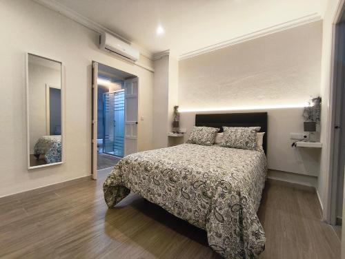 a bedroom with a bed and a mirror at Casa San Juan 55 - Centro Sanlúcar in Sanlúcar de Barrameda
