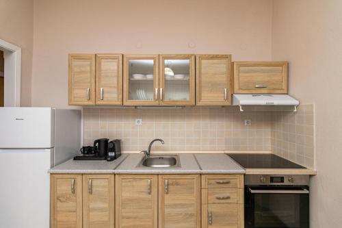 a kitchen with wooden cabinets and a sink and a refrigerator at Del Mar Sithonia Studios&Apartments in Neos Marmaras
