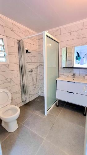 a bathroom with a toilet and a shower and a sink at Palm Activity in Saint-Pierre