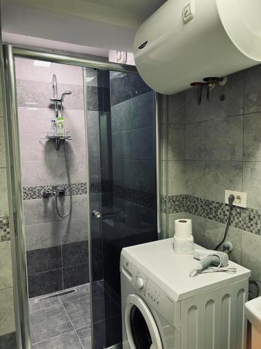 a washing machine in a bathroom with a shower at Apartman Park in Skopje