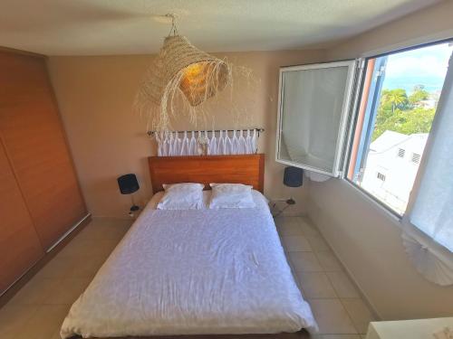 a bedroom with a bed and a large window at Horizon Mer in Le Gosier