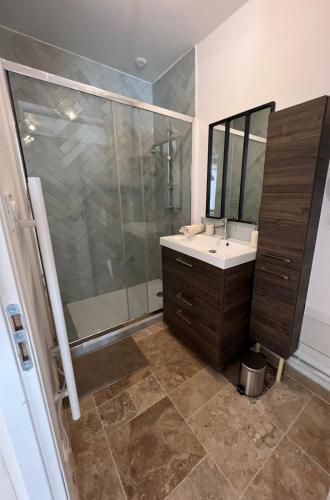 une salle de bain avec un lavabo et une douche dans l'établissement Maison localisation idéale proche gare Saint Charles - Friche Belle de Mai et centre ville, à Marseille