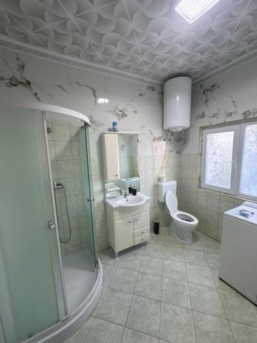 a bathroom with a shower and a sink and a toilet at Balika vendégház in Tiszaújváros