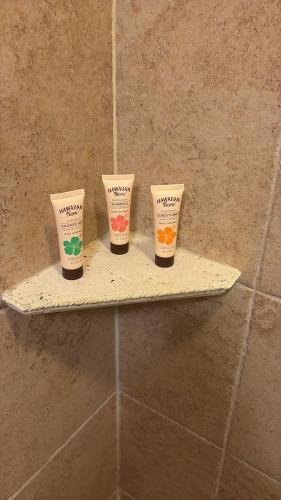 a shelf in a bathroom with three products on it at The Converse Castle in Norwich