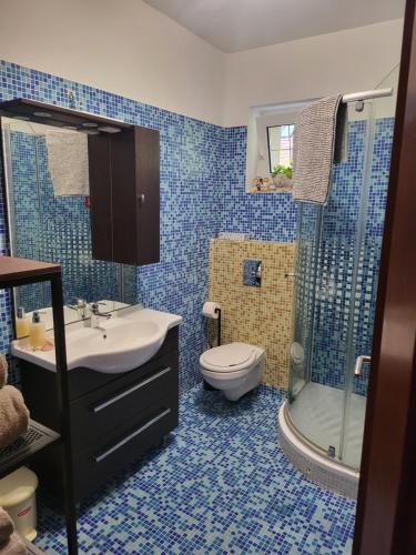 a bathroom with a sink and a toilet and a shower at G&G Apartman in Balatonszepezd