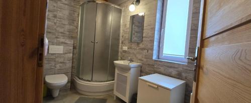 a bathroom with a toilet and a sink and a shower at M&M Dom wakacyjny in Wicie