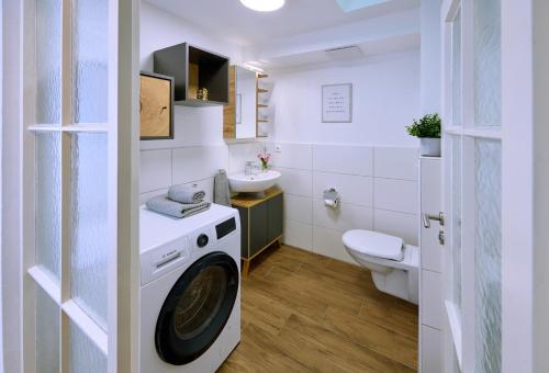 a bathroom with a washing machine and a toilet at Ferienwohnung Untersberg Marktschellenberg Salzburg Berchtesgaden in Marktschellenberg