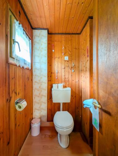 a bathroom with a toilet and a wooden wall at Grand chalet familial en pleine nature à Torgon in Torgon