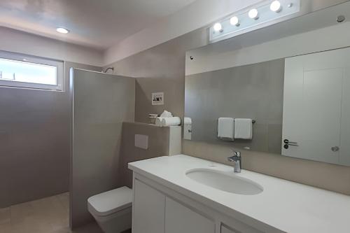 a bathroom with a sink and a toilet and a mirror at Costa Paraíso D-10 Estudio in Bucerías