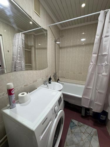 a bathroom with a sink and a washing machine at Tkacheva 14 in Pavlodar