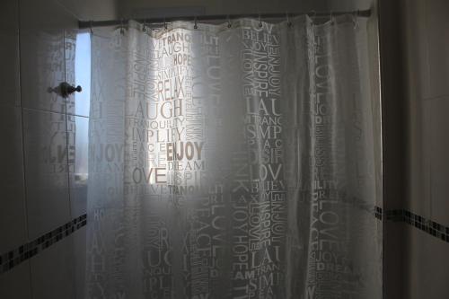 a shower curtain in a bathroom with a window at Apartamentos Holdich in Bahía Blanca