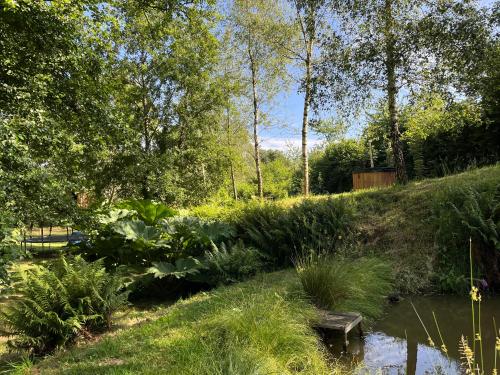 a garden with a bench next to a pond at Les Hulottes in Le Vrétot