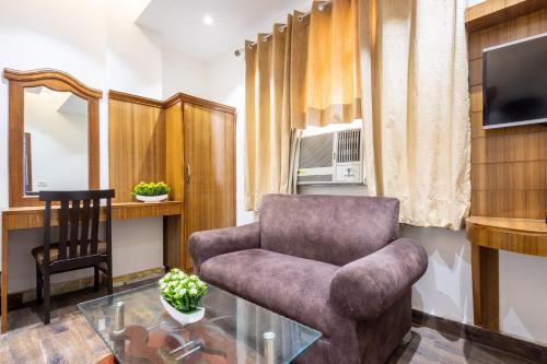 a living room with a chair and a tv at Hotel Garden View - Near Karol Bagh Metro Station and Gaffar Market in New Delhi
