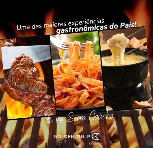 un collage di foto di cibo con carne e patatine fritte di Golden Tulip Canela a Canela