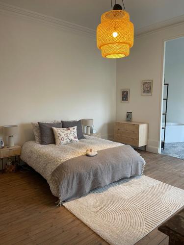 une chambre avec un grand lit et un lustre dans l'établissement Les Chambres de Sophie, à Libourne