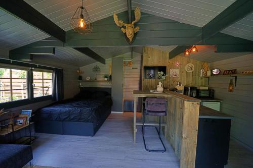 a bedroom with a bed and a desk in a room at De Blokhut in Anna Paulowna