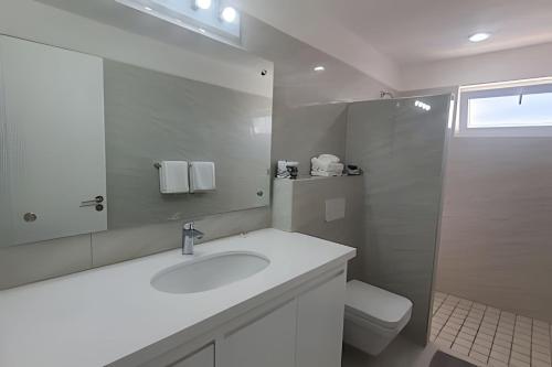 a bathroom with a sink and a toilet and a mirror at Costa Paraíso D-9 Estudio in Bucerías