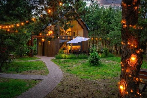 a house with christmas lights and a walkway at Dziupla House in Czarna