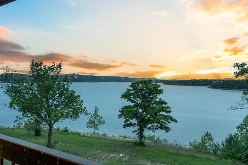 a view of a lake at sunset with two trees at Lakefront Oasis - Amazing Views in Kimberling City