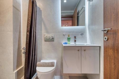 a bathroom with a toilet and a sink and a mirror at Valery Apartments in Pefkohori