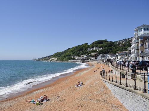 a beach with people laying on the sand and the ocean at Little Croxley in Wroxall