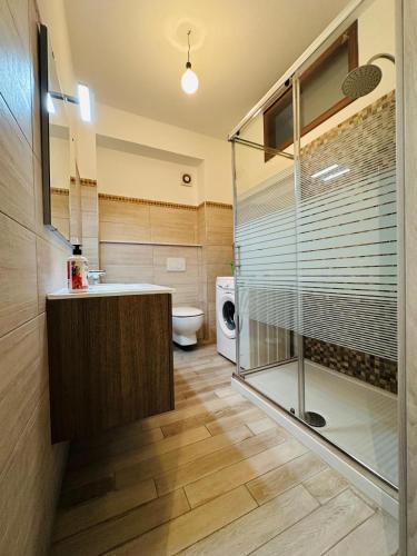 a bathroom with a glass shower and a toilet at Holiday house daviale in Schisò