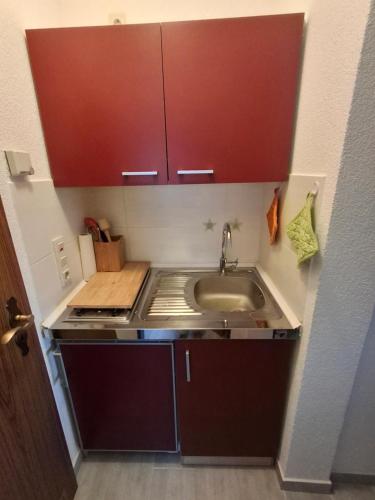 a small kitchen with a sink and red cabinets at Ferienwohnung Natalia in Thalfang