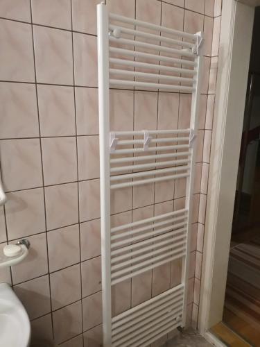 a shower shutter in a bathroom with a tiled wall at Sólyom Katalin vendégház in Ujfalù