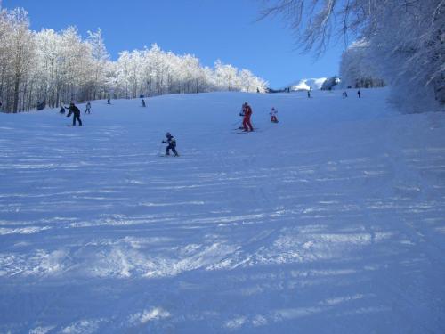 a group of people skiing down a snow covered slope at Il Borgo Dei Celti in Fiumalbo
