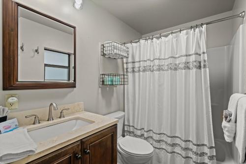 a bathroom with a sink and a toilet and a shower curtain at Mountain Laurel in Cosby