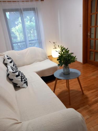 a living room with a white couch and a table at Maris in Banjole