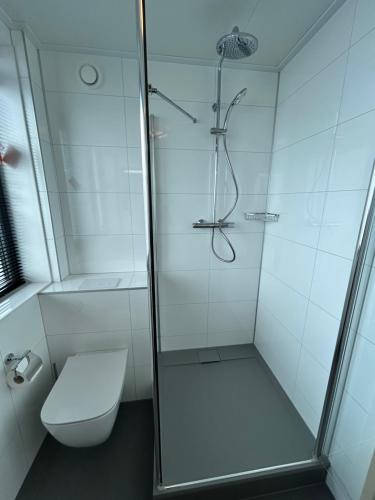 a bathroom with a shower and a toilet at Beach villa at the IJsselmeer 8p in Enkhuizen